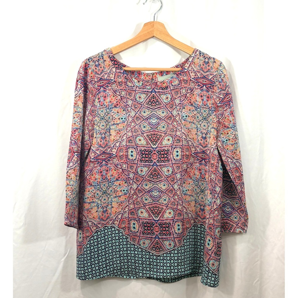 Anthropologie Maeve Colorful Boho Mosaic Button Back Silk Blouse, Artsy, Size 8